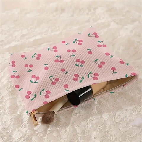Borsa Da Trucco In Velluto A Coste Rosa Con Stampa Ciliegia Pochette Cosmetica Portatile Per Viaggi Donne