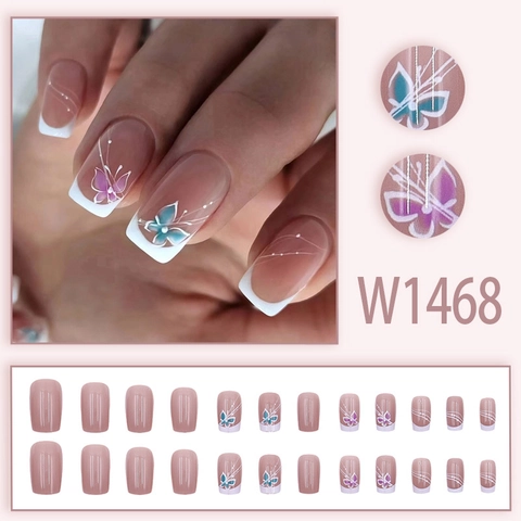Medium Square Press On Nails White French Tip Purple Blue Butterfly Pattern Nude Pink Artificial Nails Glossy Full Cover