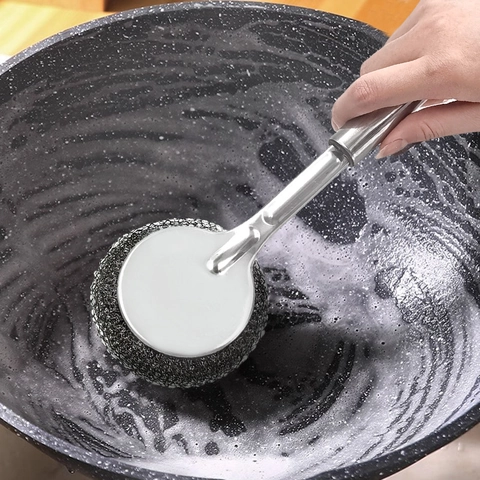 Brosse De Nettoyage De Cuisine Avec Long Manche En Acier Inoxydable Boule De Nettoyage En Fil D'acier Durable