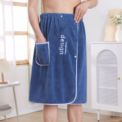 Herren Tragbares Badetuch Rock Korallenfleece Verdickt Absorbierend Schnell Trocknend Elastische Taille Mit Tasche Knöpfe Stickerei
