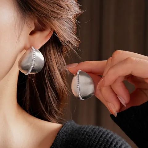 Oval Water Drop Stud Earrings Alloy Brushed Metal Texture With Imitation Artificial Pearl And Silver Earring Post For Women