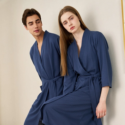 Peignoir Unisexe en Tissage Gaufre Léger Absorbant Robe de Spa Hôtel Col en V Lien à Nouer Pyjama Respirant Vêtements de Nuit Pour Hommes Femmes