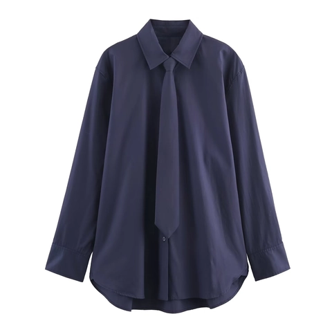 Blusa De Manga Larga De Popelina Para Mujer Con Corbata A Juego Cuello Puntiagudo Color Sólido Elegante Azul Marino