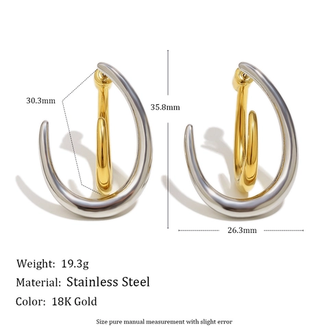 Stainless Steel 18K Gold Plated Two-Tone C-Shaped Stud Earrings Geometric Niche Design Split Fish Hook For Women