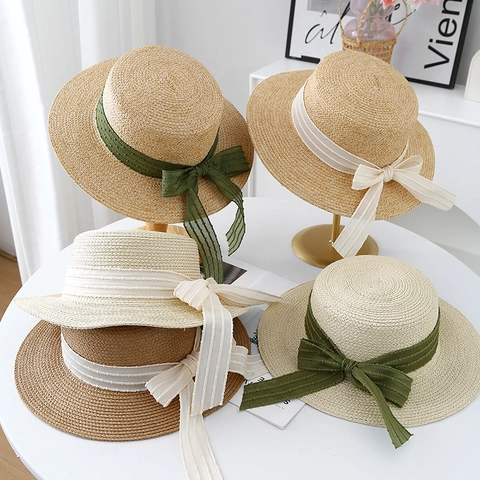 Cappello Boater in Paglia di Carta Intrecciato a Mano Falda Larga Protezione Solare Estate Spiaggia Vacanza Fiocco per Donna
