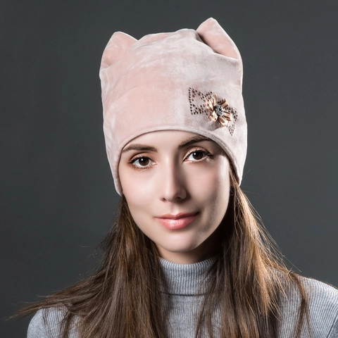 Gorro Beanie De Terciopelo Para Mujer Con Orejas De Gato Lazo De Cristales Cálido Invierno Capas Térmico Moda