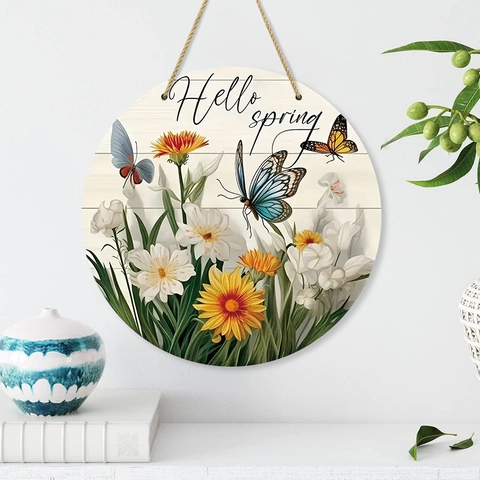 Hello Spring Türschild Willkommen Holzschild Sonnenblume Schmetterling Rustikale Bauernhaus Wanddekoration Plakette