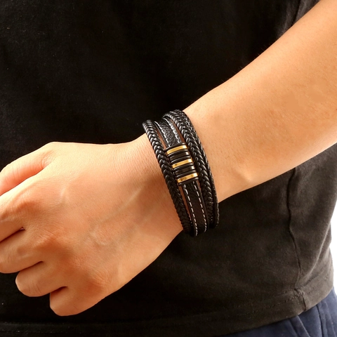 Men Multi Layer Braided Leather Bracelet With Stainless Steel Magnetic Clasp Fashion Handwoven Casual Jewelry
