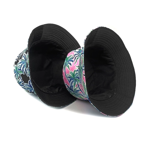 Coconut Palm Tree Print Bucket Hat Polyester Double Sided Summer Beach Sun Protection Foldable Vacation Cap Unisex