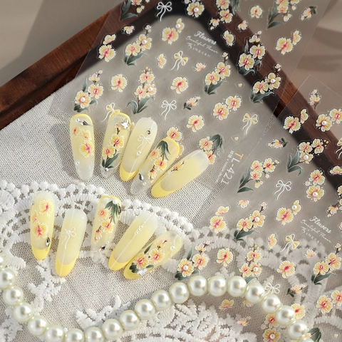 Nail Art Stickers 5D Embossed Yellow Flower And White Bow Elegant Floral Manicure Decor DIY Self Adhesive For Women