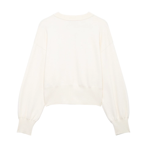 Women Knit Cardigan Long Lantern Sleeve Flower Button Solid Color Round Neck Casual Soft Top