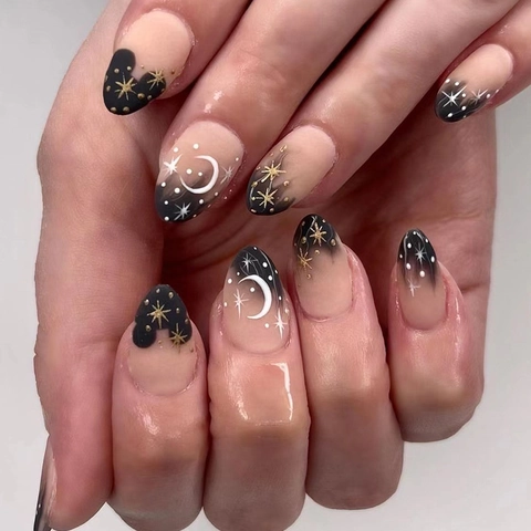 Press On Nagels Zwart Nude Verloop French Tip Ster Maan Patroon Elegante Kunstnagels Voor Dames Met Lijm