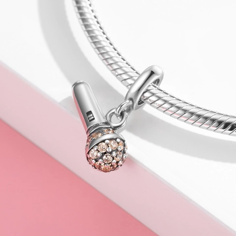 Charm Microfono 925 Argento Sterling Champagne Zirconia Cubica Ciondolo Strumento Musicale Per Creazione Gioielli