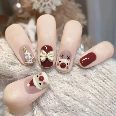 Unghie Finte Di Natale Fatte A Mano Resina Renna Pupazzo Di Neve Fiocco Bara Corta Unghie Festive Per Donne