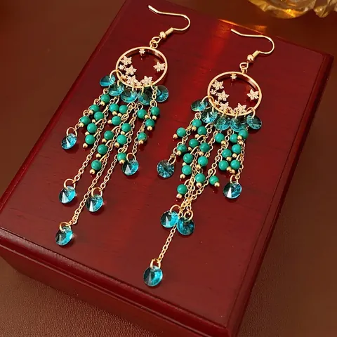 Orecchini A Cerchio Con Nappine Stella Boho Vintage Con Perline Turchesi E Cristallo Blu Con Perno In Argento Per Donna