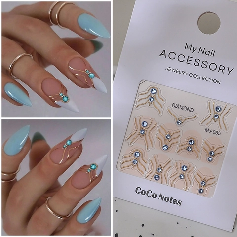5D Embossed Nail Art Stickers French Style Gold Silver Metallic Lines Artificial Pearl Rhinestone Jewelry Decals DIY Manicure Accessory