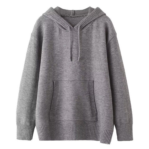 Women Knitted Hoodie Loose Long Sleeve Drawstring Solid Color Kangaroo Pocket Casual Sweatshirt