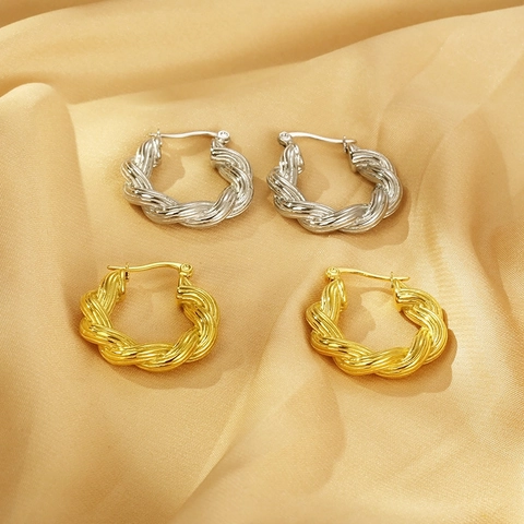 Stainless Steel U-Shaped Twisted Rope Hoop Earrings 18K Gold Plated Geometric Textured Minimalist Huggie Earrings For Women