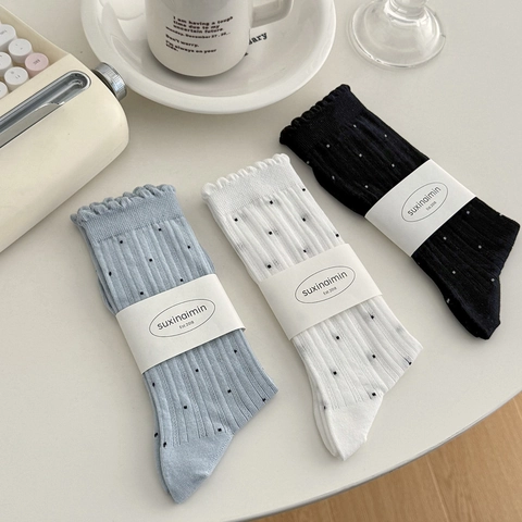Chaussettes Molles Femmes Coton Respirant Pois Bordure Dentelle Côtelées Douces Confortables Style Japonais Décontracté