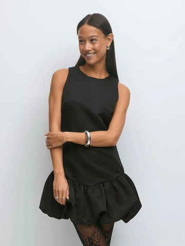 Women Black Sleeveless Round Neck Mini Dress Satin Finish Polyester Bubble Hem Sexy Summer Back Zipper