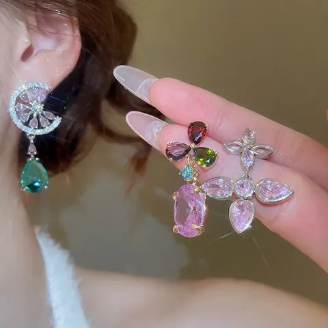 Bunte Zirkon Hängeohrringe Geometrische Wassertropfen Hohlblume Luxus Vintage Mit 925 Sterling Silber Ohrstecker