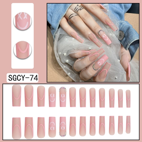 Uñas Postizas Press On Largas Ataúd Rosa Mate Punta Francesa Rinestones Cara Sonriente Uñas Artificiales Para Mujeres