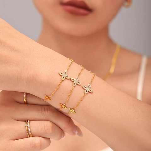 Bohemian Stainless Steel Four-Leaf Flower Zircon Necklace And Bracelet For Women Gold Silver Plated Clover Wedding Party Jewelry