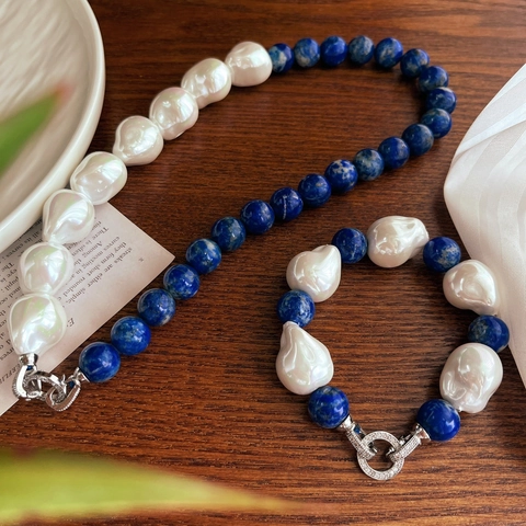 Vintage Lapis Lazuli Artificial Baroque Pearl Jewelry Set For Women Elegant Blue Stone Rhinestone Necklace Bracelet Set