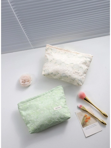 Trousse De Maquillage Jacquard Florale Organisateur De Toilette Voyage Portable Dentelle Pochette Maquillage Fermeture Éclair Toile