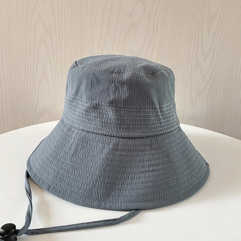 Women Bucket Hat Cotton Polyester Ripple Texture Wide Brim Sun Protection Adjustable Windproof Rope Outdoor Casual