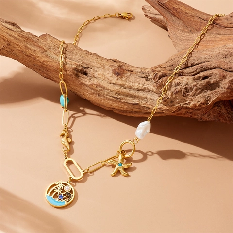 Juego De Joyas De Acero Inoxidable Collar Y Pulsera Con Cuentas De Turquesa Perlas Artificiales Sintéticas Dije Marino Chapado En Oro Para Mujer