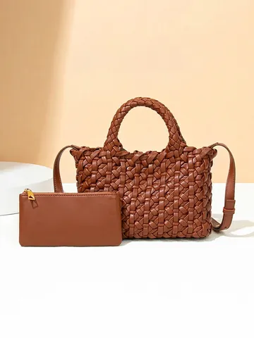 Bolso De Mano Tejido Para Mujer Cuero PU Retro Niche Tote Con Bolsa Interior Correa De Hombro Desmontable Elegante