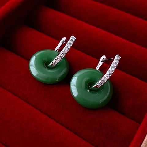 Orecchini A Cerchio Pingan Kou In Giada Verde Stile Neo Cinese Con Zircone Rame Silver Earring Post Gioielli Eleganti