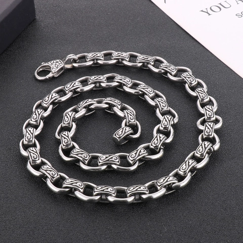 Men Stainless Steel Necklace And Bracelet Retro Totem Pattern Square Link Chain Hip Hop Vintage Jewelry