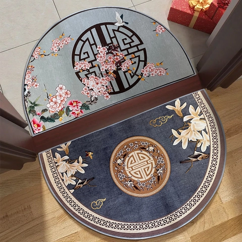 Zerbino Semicircolare Stile Cinese Ciniglia Assorbente Antiscivolo Tappeto Ingresso Motivo Fiori Uccelli Decorativo
