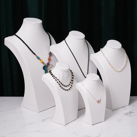 Necklace Display Stand PU Leather Bust Mannequin Neck Form Jewelry Showroom Organizer Portrait Style White