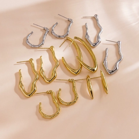Gold Plated Stainless Steel Earrings Geometric C Shape Minimalist Wavy Bamboo Hoop Studs For Women