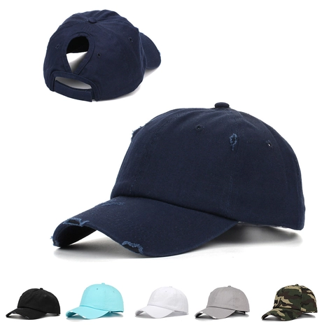 Gorra De Béisbol Distressed Algodón Lavado Agujero Coleta Alta Vintage Ajustable Gorra Sol Aire Libre Mujeres