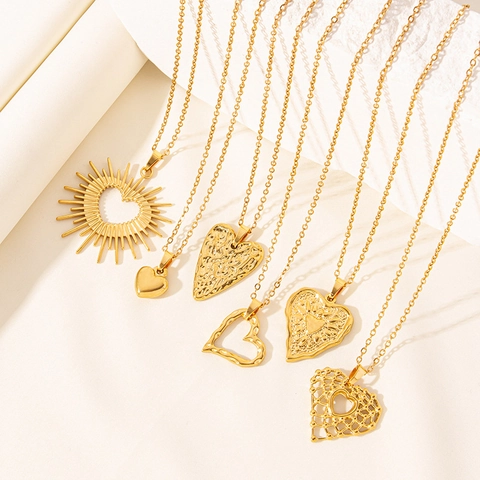 Heart Pendant Necklace Stainless Steel 18K Gold Plated Hollow Lattice Textured Sunburst Rainbow Jewelry For Women