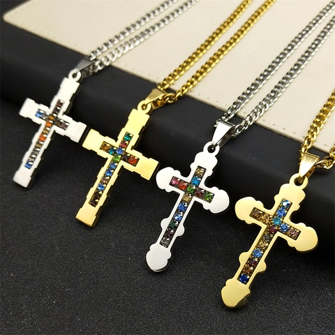 Collana Con Pendente A Croce In Acciaio Inossidabile Con Strass Colorati Gioielli Hip Hop Per Uomo Donna