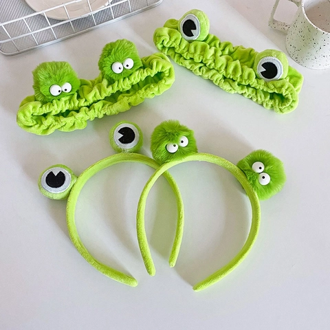 Cute Frog Eyes Plush Headband And Elastic Hair Band For Face Washing Makeup Skincare Soft Green Hair Accessory Women