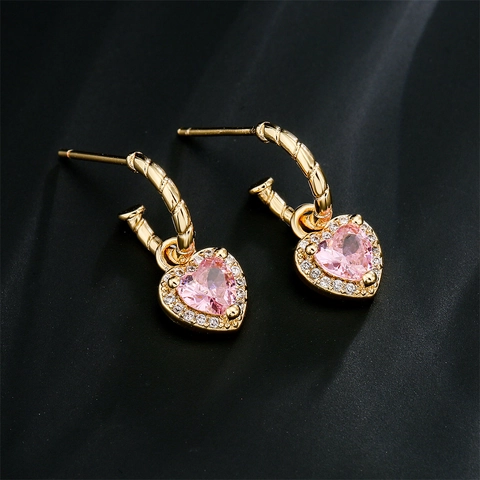 Pendientes De Aro Con Colgante De Corazón Cobre Chapado En Oro 18K Circón Colorido Diseño Halo Joyería Para Mujer