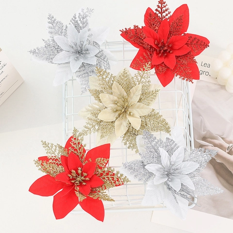Artificial Christmas Flowers Glitter Poinsettia Shimmering Berry Picks Fabric Floral Ornaments For Holiday Tree Wedding Decor