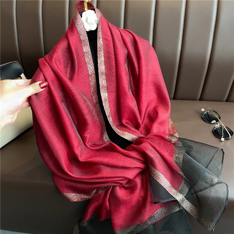 Écharpe Élégante en Polyester Transparent pour Femmes Avec Bordure en Paillettes de Fil d'Or Protection Solaire Châle Long Léger Gaze Douce pour Voyage Plage