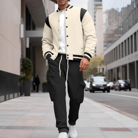 Tuta Giacca Da Baseball E Pantaloni Cargo Da Uomo Sportiva Casual Colorblock Manica Lunga Streetwear