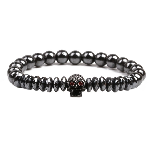Natural Stone Hematite Beaded Bracelet Men Punk Skull Crown Lion Buddha Head Trendy Vintage Stretch Jewelry