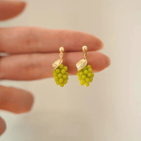 Druif Knopoorbellen Hars Kralen Fruit Drop Sieraden Met Goud Legering Blad Voor Vrouwen Zoet Elegant Fris Stijl