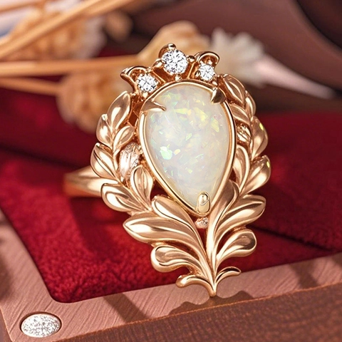 Vintage Baroque Palace Ring For Women Copper With Pear Shaped Faux Opal And Zircon Leaf Branch Wheat Ear Design