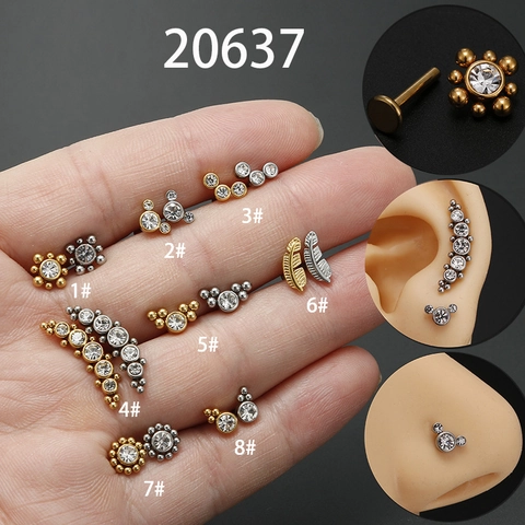 Stainless Steel Zircon Labret Studs Lip Ring Internally Threaded Ear Cartilage Earrings Body Piercing Jewelry Leaf Flower