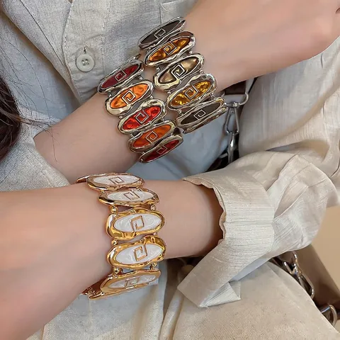 Bracciale Largo In Lega Vintage Con Smalto Goccia D'olio Motivo Geometrico Greco Braccialetto Retro Elastico Ovale Per Donna